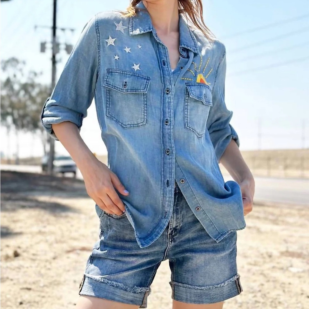 Billy T Women's Blue Embroidered Button Down Shirt